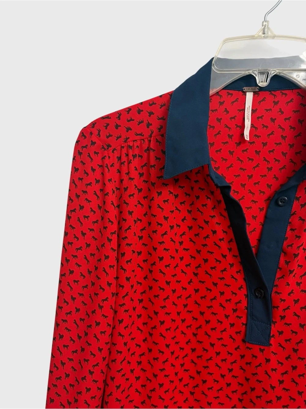 Free People Boyfriend Horse Print Blouse Size XS Red Blue Sheer Oversized Boho